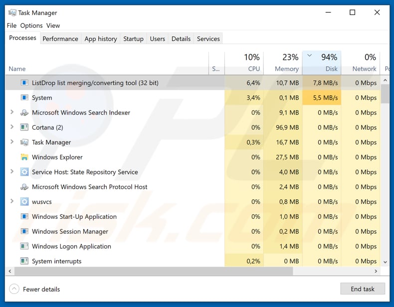 Proceso malicioso Cuba ListDrop merging converting tool en el administrador de tareas