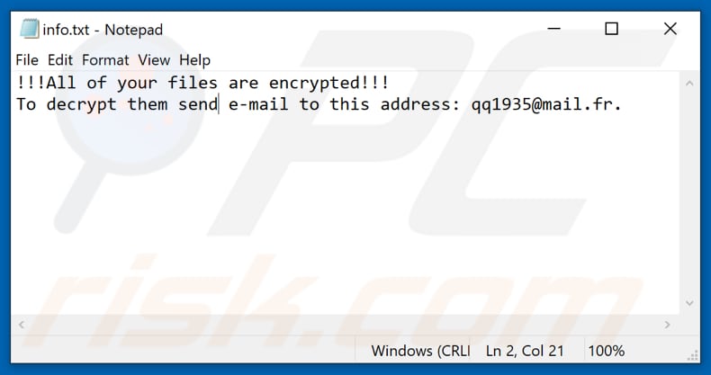 Archivo de texto de Devos ransomware (info.txt)