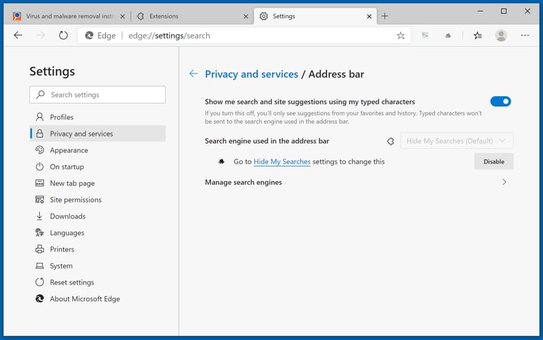 Eliminando secuestradores de navegador de Microsoft Edge paso 3