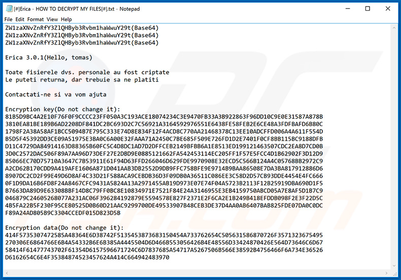 Mensaje de demanda de rescate del ransomware Erica 3.0.1