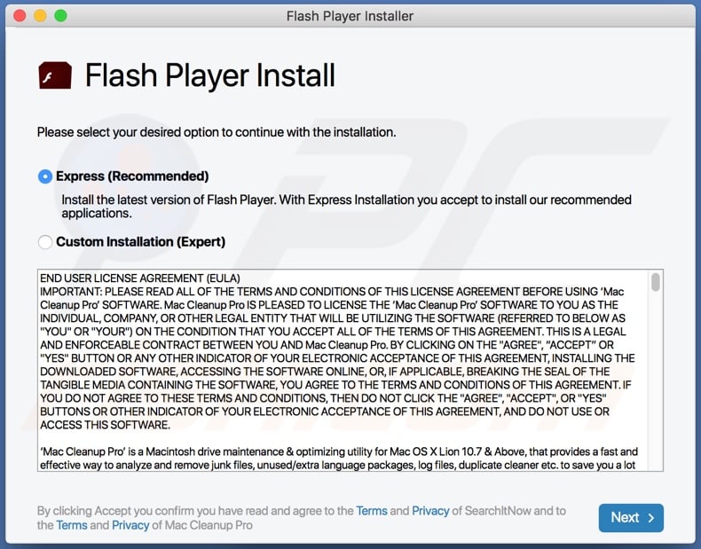 Instalador de actualizaciones falsas de Flash utilizado para promover GlobalAdviseSearch