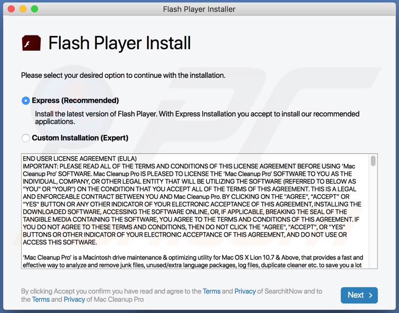 Instalador de actualizaciones falsas de Flash utilizado para promover GlobalAdviseSearch