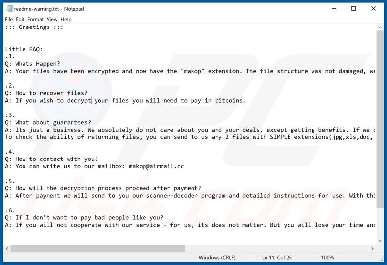 Instrucciones de desencriptación de Makop (readme-warning.txt)