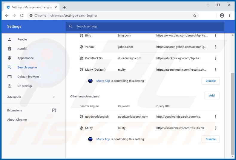 Eliminando searchmulty.com del motor de búsqueda predeterminado de Google Chrome