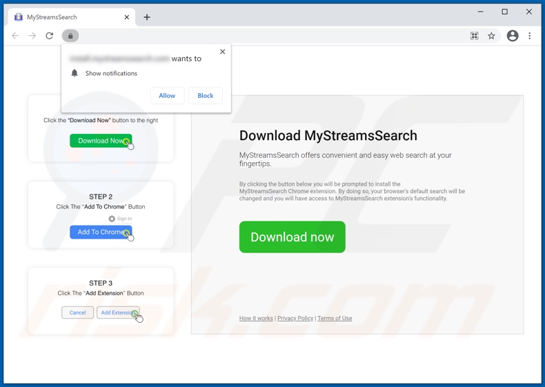 Sitio web usado para promover el secuestrador de navegador MyStreamsSearch (Chrome) 1