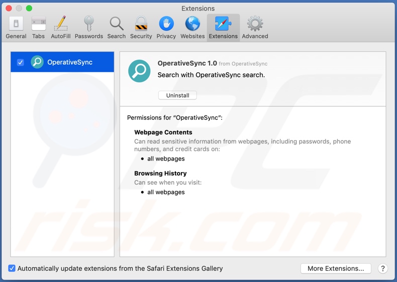 Adware OperativeSync instalado en Safari