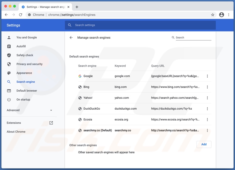 Searchmy.co configurado como predeterminado en Chrome