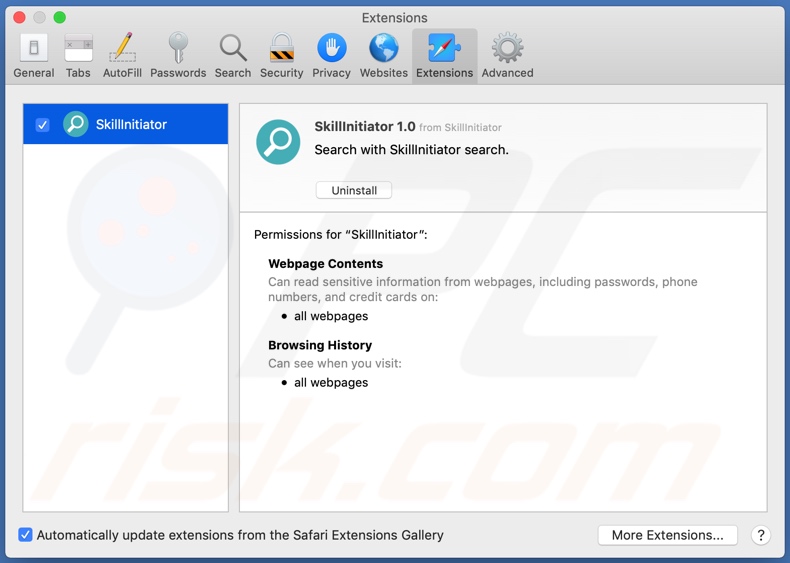 Adware SkillInitiator instalado en Safari