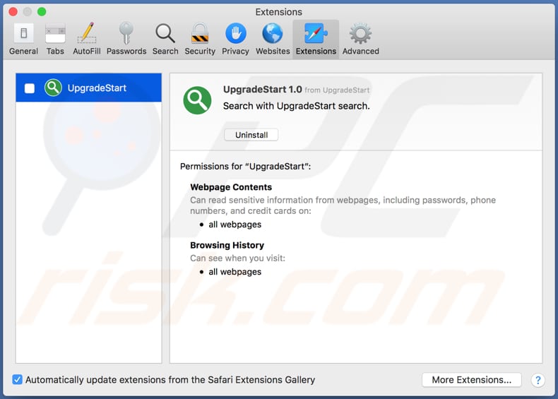 Adware UpgradeStart instalado en el navegador Safari