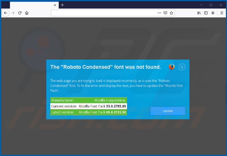 Página de estafa de malware zloader alentador a descargar una fuente en mozilla