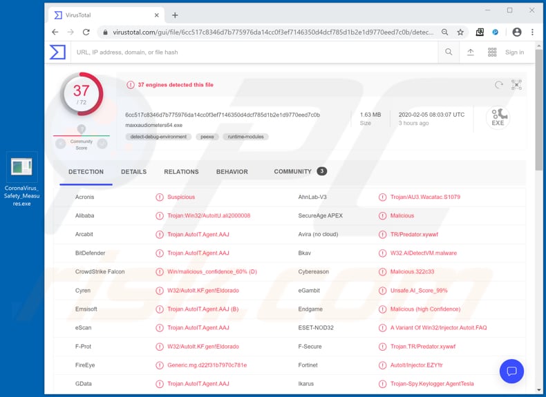 Archivo en una campaña de spam coronavirus detectado como una amenaza en virustotal