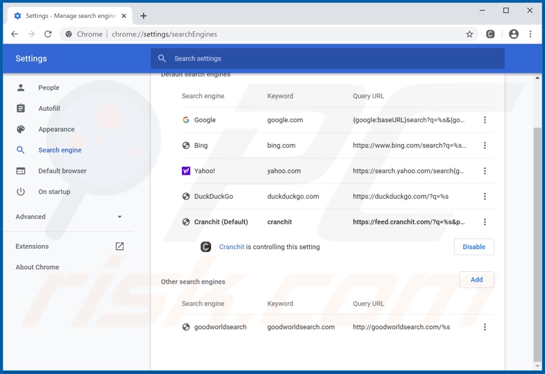 Eliminando feed.cranchit.com del motor de búsqueda predeterminado de Google Chrome