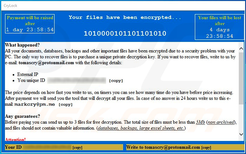 Ventana emergente actualizada del ransomware CryLock