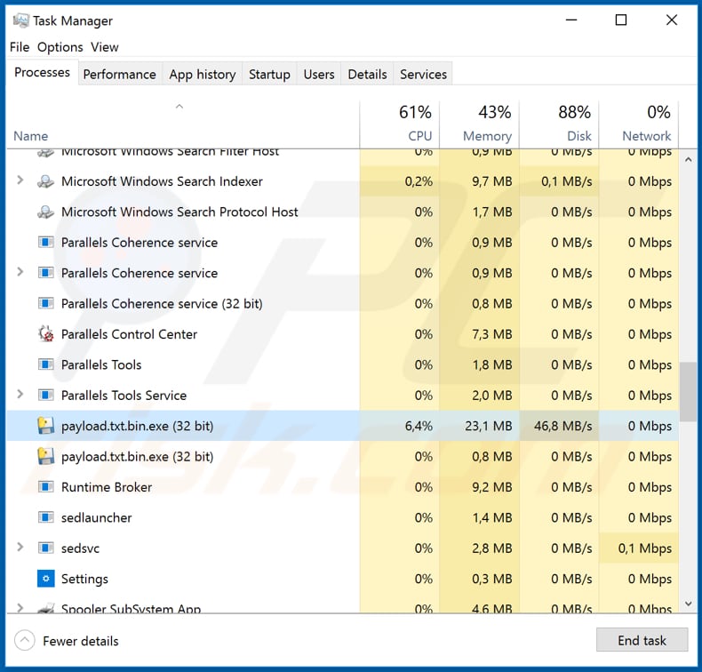 Proceso malicioso payload.txt.bin.exe de DEMON en el Administrador de Tareas