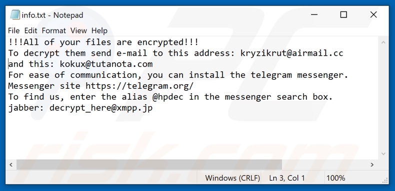 Archivo de texto del ransomware Dewar (info.txt)