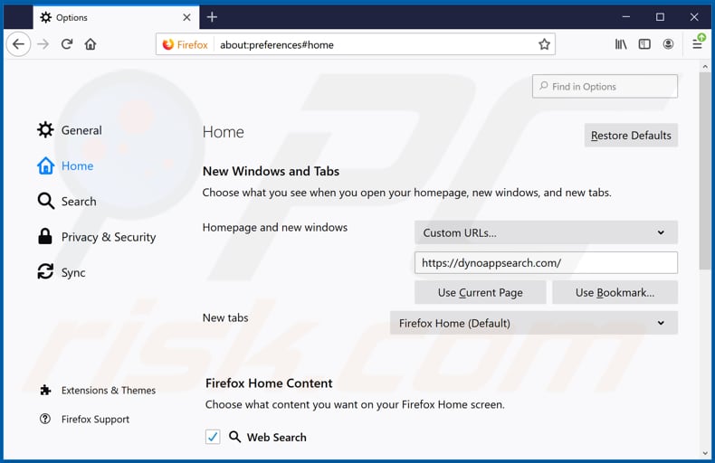 Eliminando dynoappsearch.com de la página de inicio de Mozilla Firefox