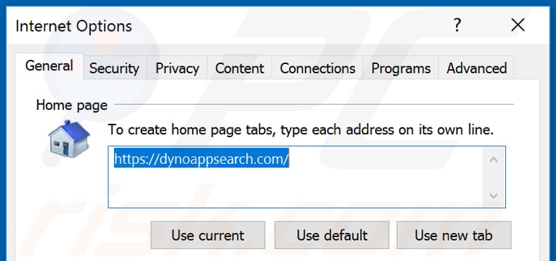 Eliminando dynoappsearch.com de la página de inicio de Internet Explorer