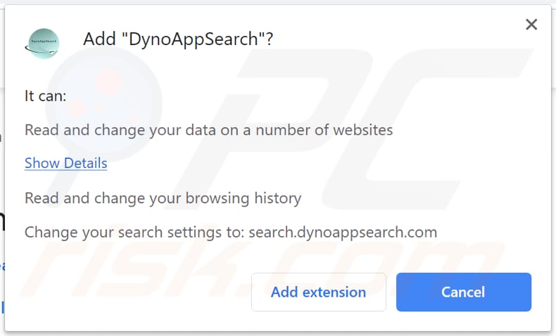 El secuestrador de navegador dynoappsearch solicita un permiso para modificar y leer datos