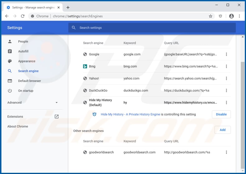 Eliminando hidemyhistory.co del motor de búsqueda predeterminado de Google Chrome