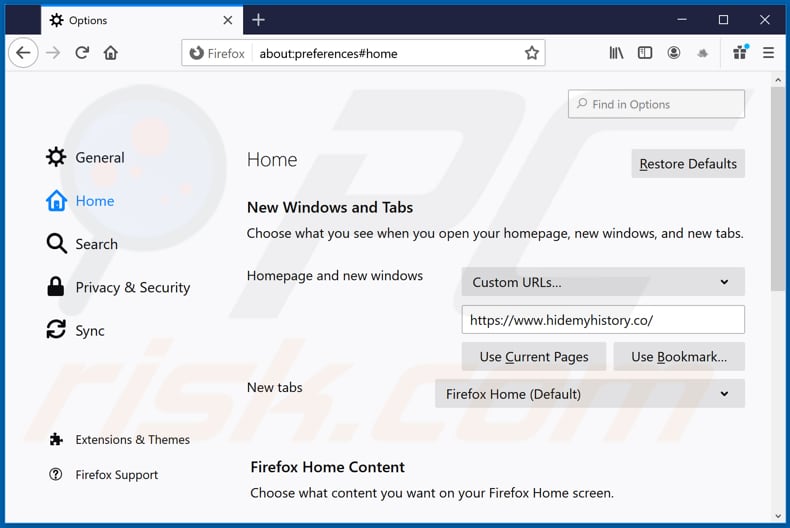 Eliminando hidemyhistory.co de la página de inicio de Mozilla Firefox