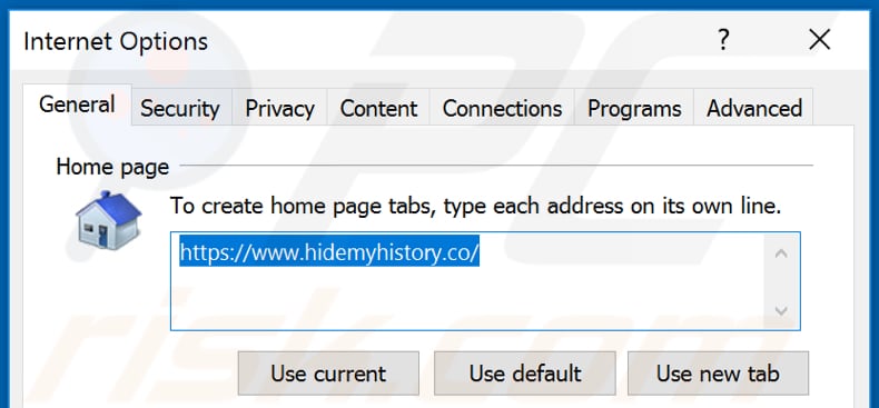 Eliminando hidemyhistory.co de la página de inicio de Internet Explorer