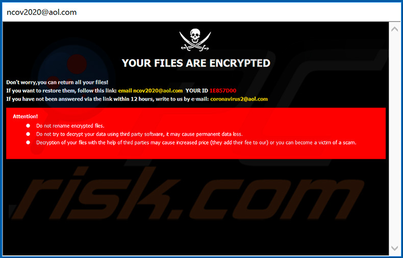 Captura de pantalla de la ventana emergente actualizada del ransomware Ncov