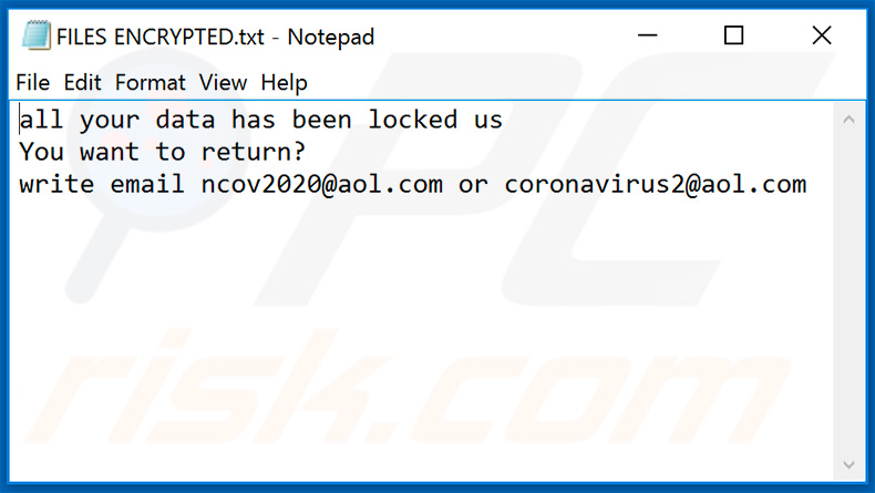 Archivo de texto actualizado del ransomware Ncov - FILES ENCRYPTED.txt