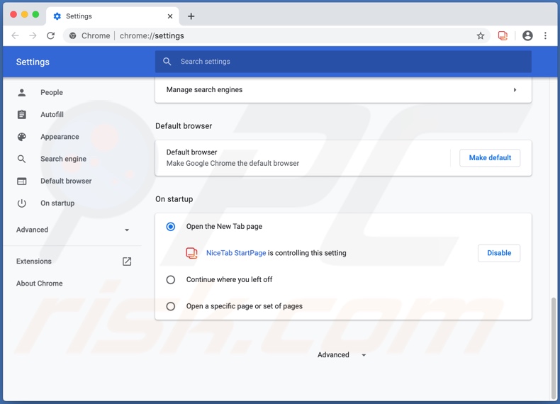 Configuración de Chrome controlada por el secuestrador de navegador 