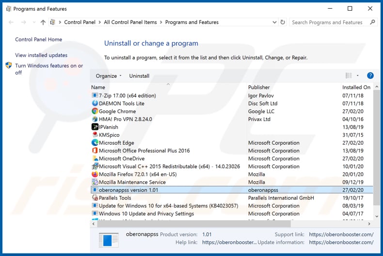 Desinstalar el adware OBERONBOOSTER a través del Panel de Control