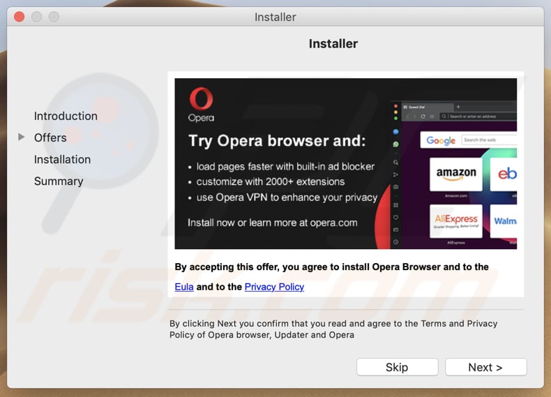 Instalador falso de Adobe Flash Player que promueve Opera