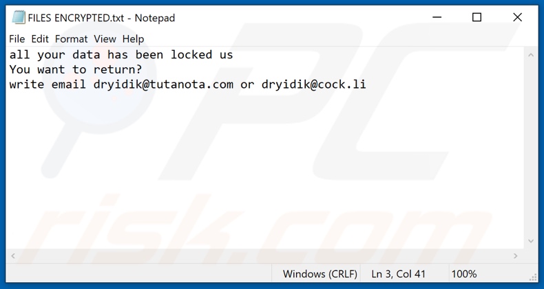 Archivo de texto del ransomware PLEX (FILES ENCRYPTED.txt)