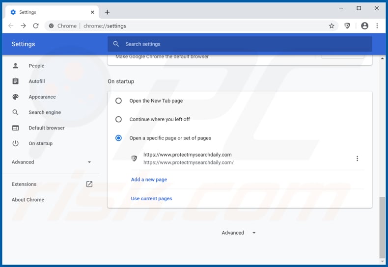 Eliminando protectmysearchdaily.com de la página de inicio de Google Chrome