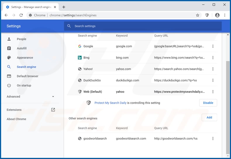 Eliminando protectmysearchdaily.com del motor de búsqueda predeterminado de Google Chrome