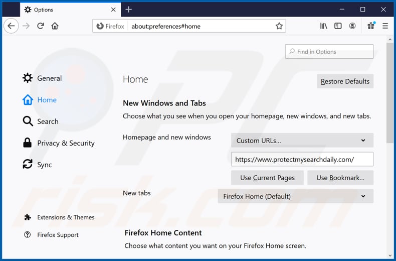 Eliminando protectmysearchdaily.com de la página de inicio de Mozilla Firefox