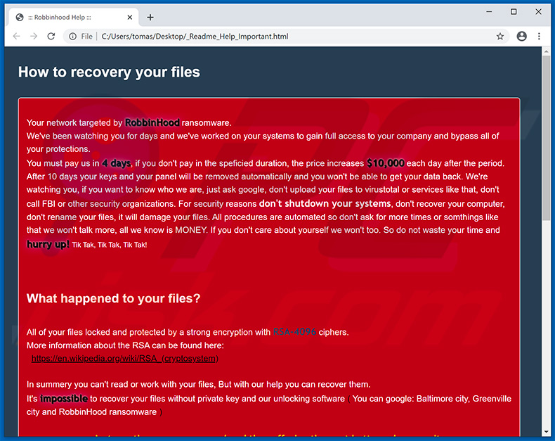 Nota de rescate lanzada por el ransomware RobbinHood actualizado
