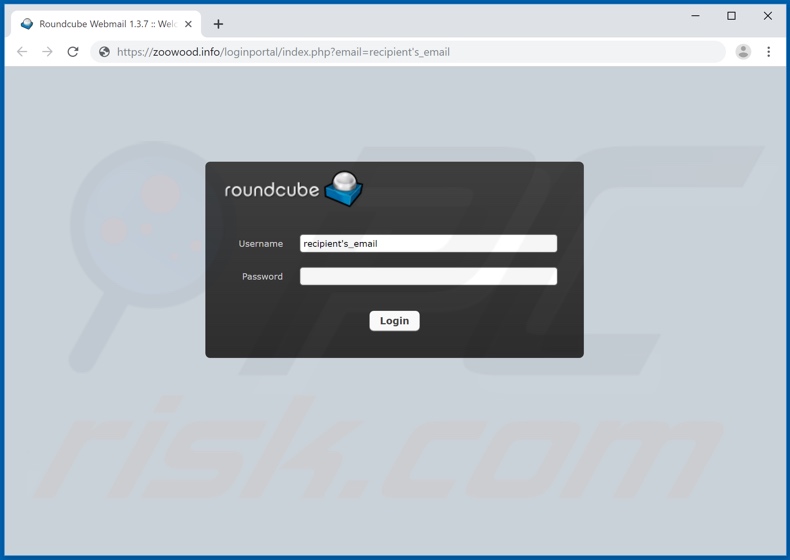 Sitio web al que redirige el enlace del correo electrónico fraudulento de Roundcube