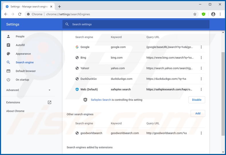 Eliminando safeplexsearch.com del motor de búsqueda predeterminado de Google Chrome