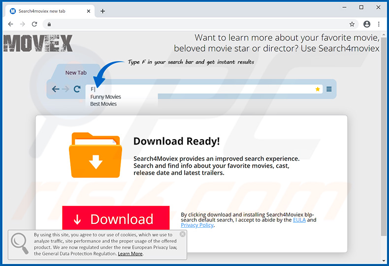 Sitio web utilizado para promover el secuestrador de navegador Search4Moviex (muestra 2)