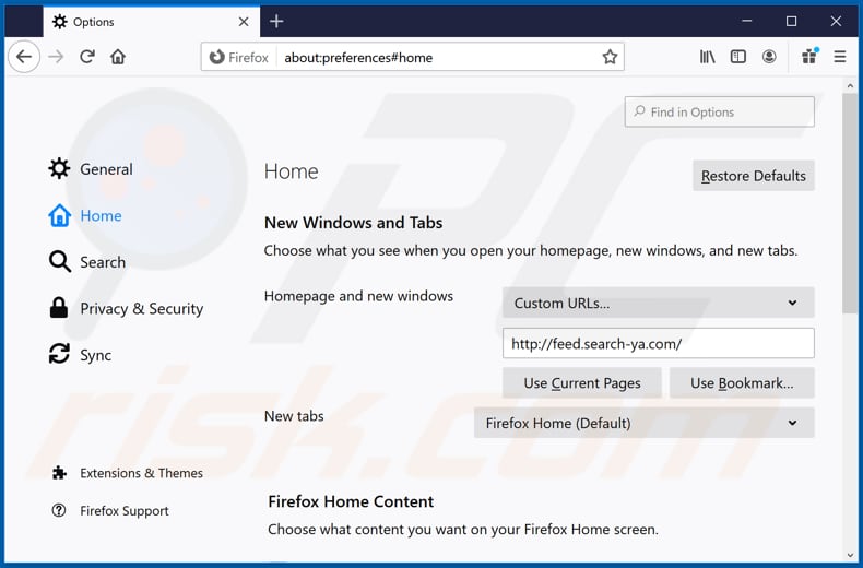 Eliminando feed.search-ya.com de la página de inicio de Mozilla Firefox