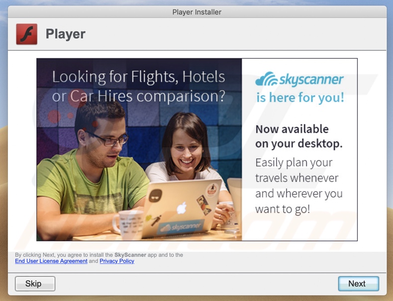 Otro instalador dudoso (falso actualizador de Flash Payer) que promociona la aplicación SkyScanner