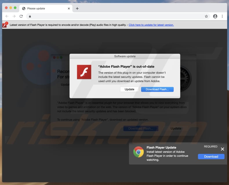 Página engañosa que promociona el instalador falso de Adobe Flash Player
