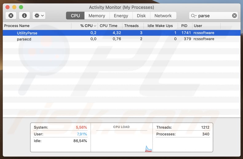 Adware UtilityParse en ejecución en el monitor de actividad