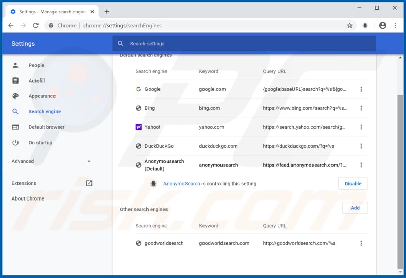 Eliminando feed.anonymosearch.com del motor de búsqueda predeterminado de Google Chrome
