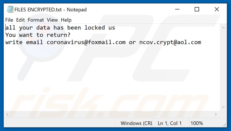 Archivo de texto de ransomware C-VIR (FILES ENCRYPTED.txt)