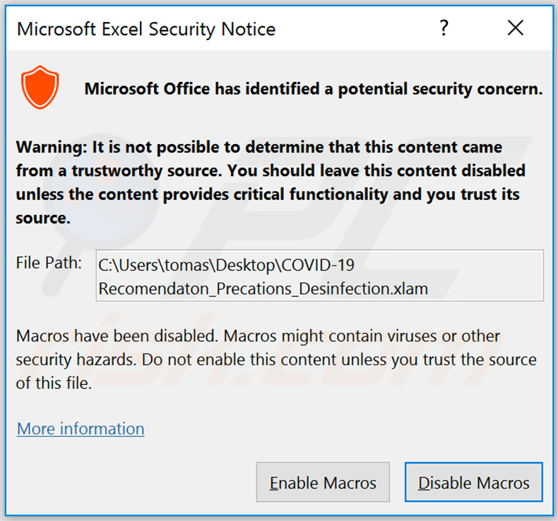 Ventana emergente que solicita habilitar los comandos de macro una vez que se abre el archivo malicioso de MS Excel