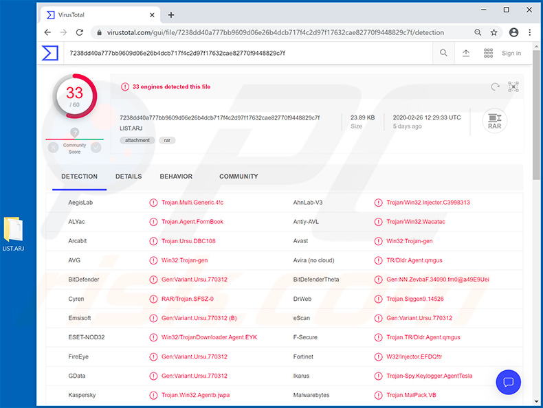 Archivo LIST.ARJ malicioso utilizado para inyectar el troyano FormBook en el sistema