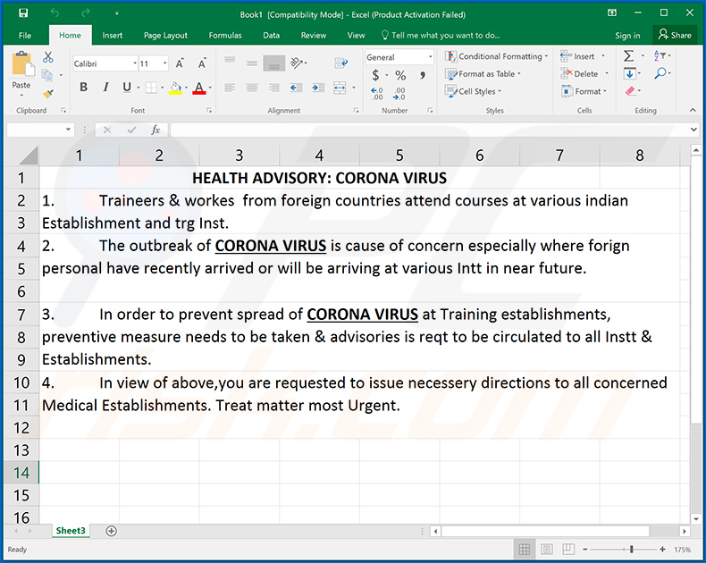 Documento de MS Excel relacionado con Coronavirus malicioso que inyecta Remcos RAT en el sistema