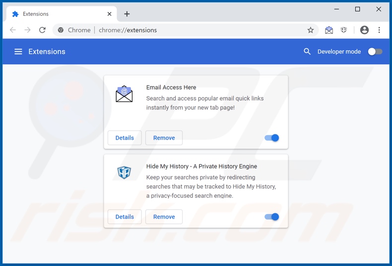 Eliminando las extensiones de Google Chrome relacionadas con hp.hemailaccesshere.com