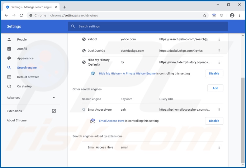 Eliminando hp.hemailaccesshere.com del motor de búsqueda predeterminado de Google Chrome