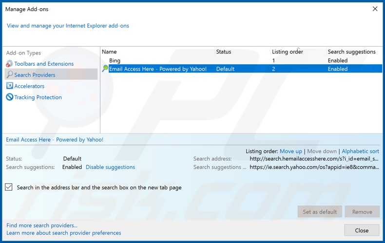 Eliminando hp.hemailaccesshere.com del motor de búsqueda predeterminado de Internet Explorer
